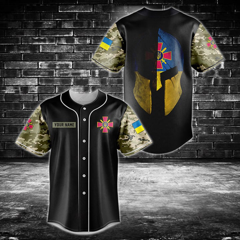 Mens Fashion Baseball Jersey - Custom Name Ukraine Shield Graphic Button