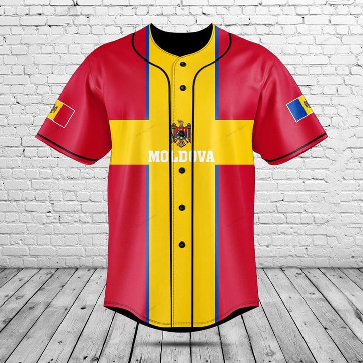 Mens Fashion Baseball Jersey - Custom Name Moldova Flag Graphic Button