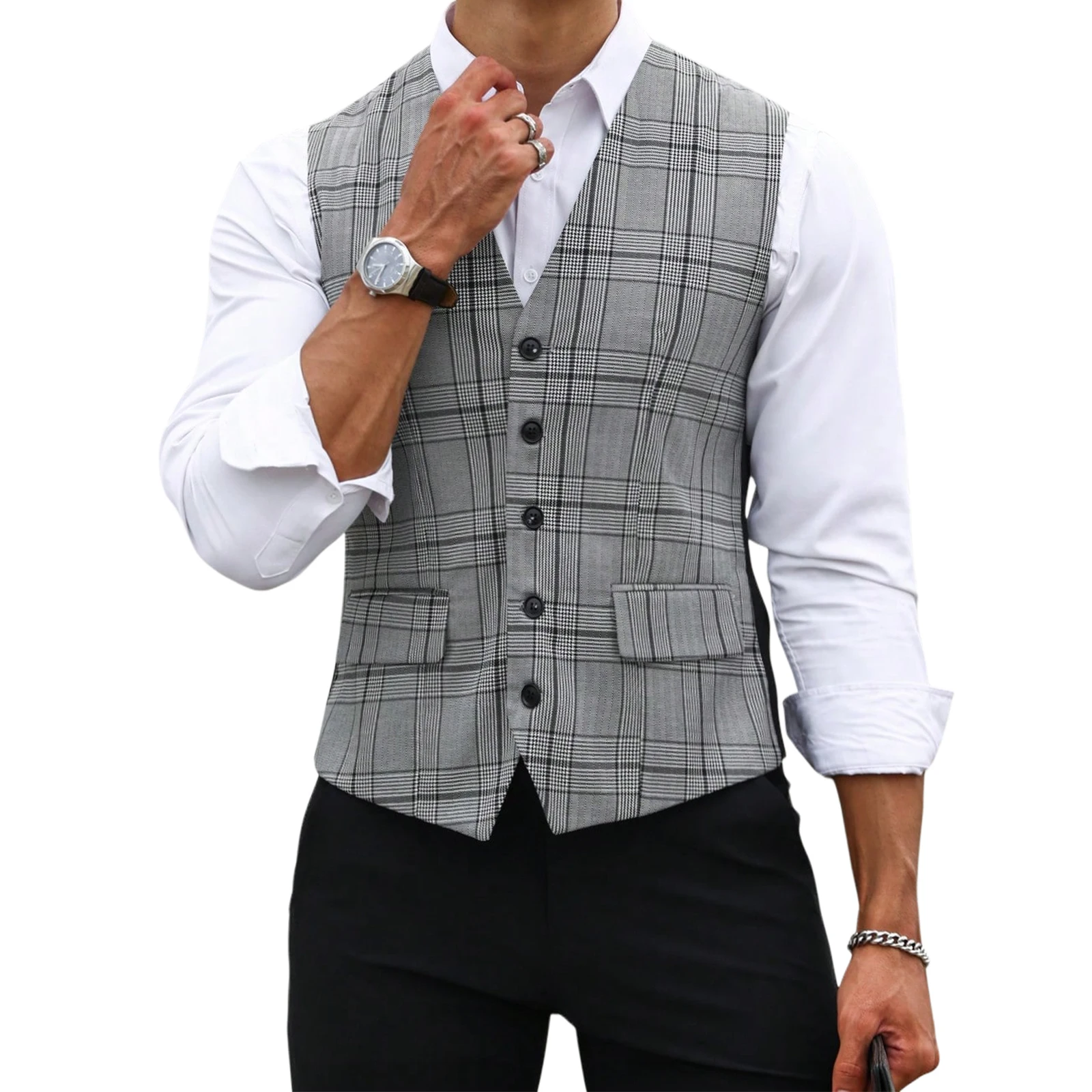 Formal Waistcoat Vest - Men Grey Plaid Suit Vest Slim