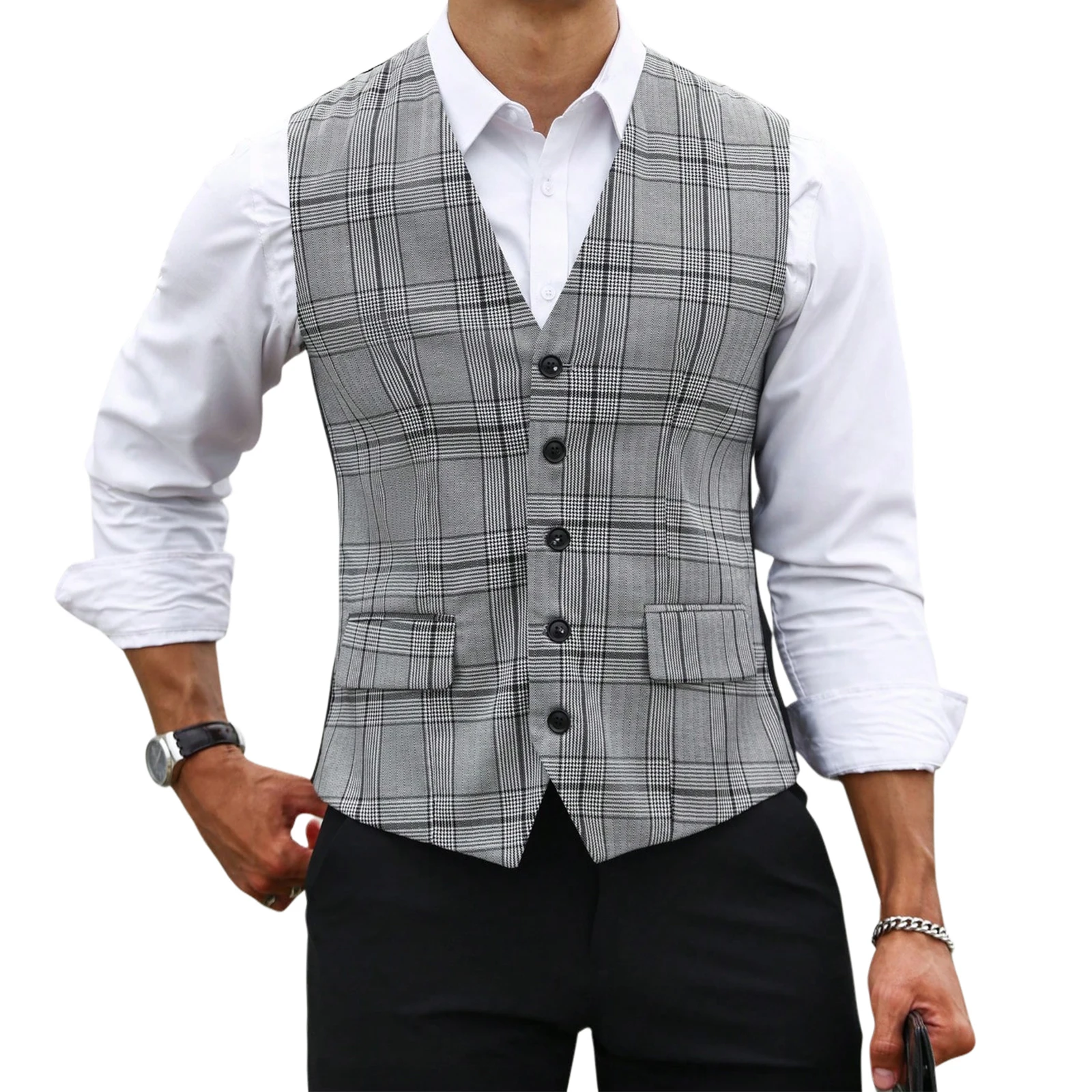 Men Grey Plaid Suit Vest Slim  - Formal Waistcoat Vest review and price