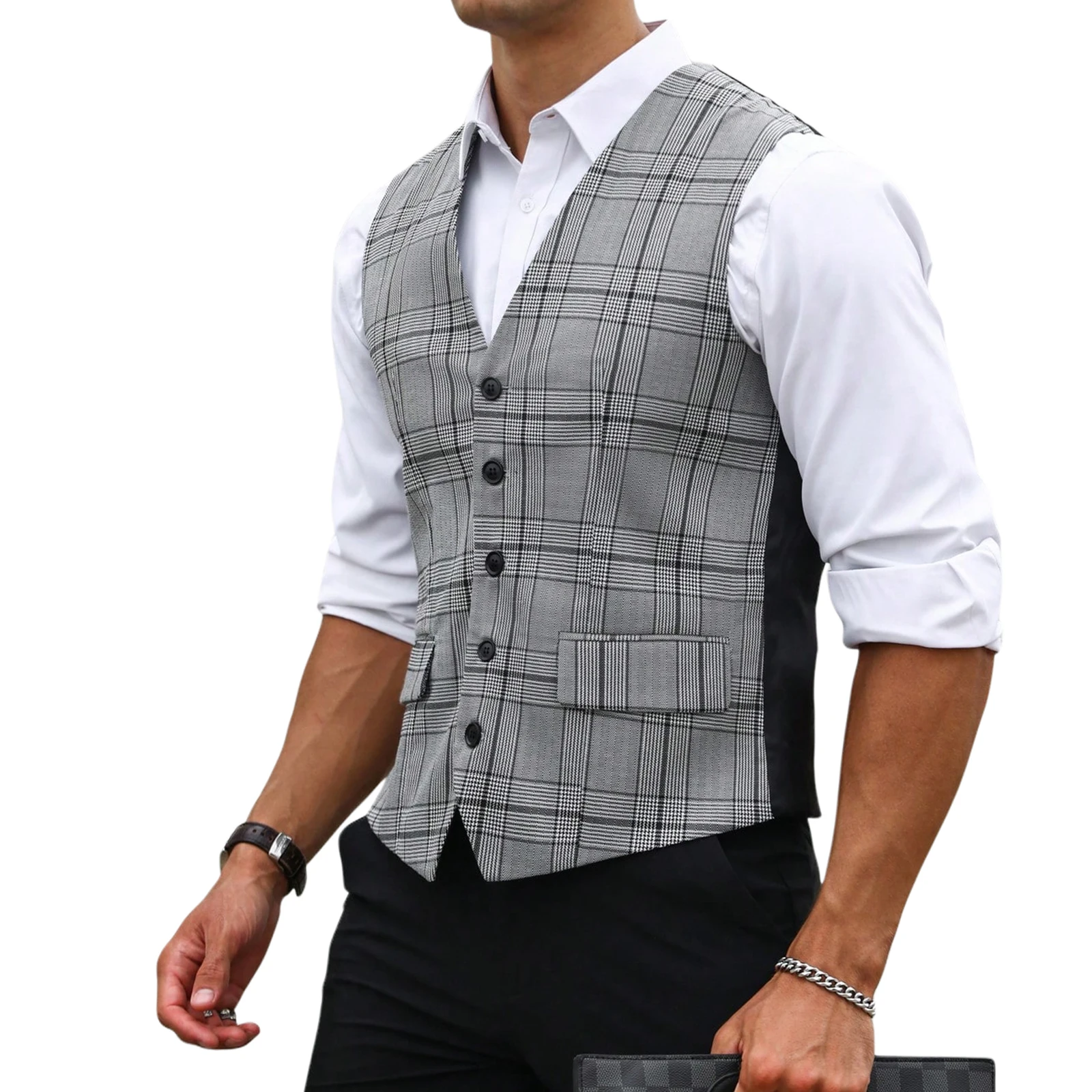 Men Grey Plaid Suit Vest Slim  - Formal Waistcoat Vest review and price
